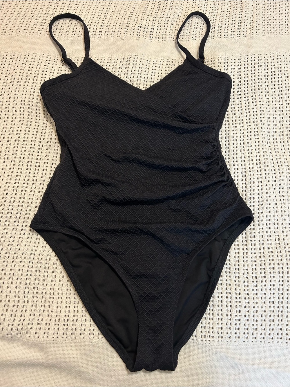 Lands' End Black Textured One-Piece Swimsuit with Adjustable Straps M